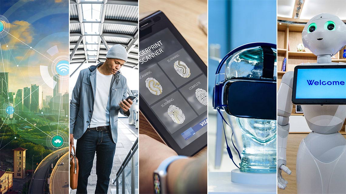 Composite: Internet of Things superimposed over cityscape, man using mobile phone, fingerprint display on mobile phone, virtual reality and robotics. Composite: Internet of Things superimposed over cityscape, man using mobile phone, fingerprint display on mobile phone, virtual reality and robotics.